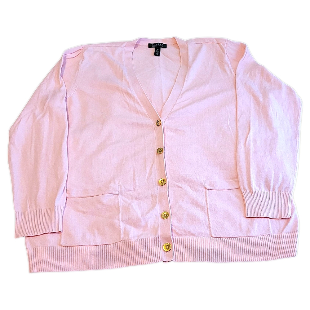 Lauren By Ralph Lauren Womens Size 3x Light Pink Button-Up Cardigan With Pockets